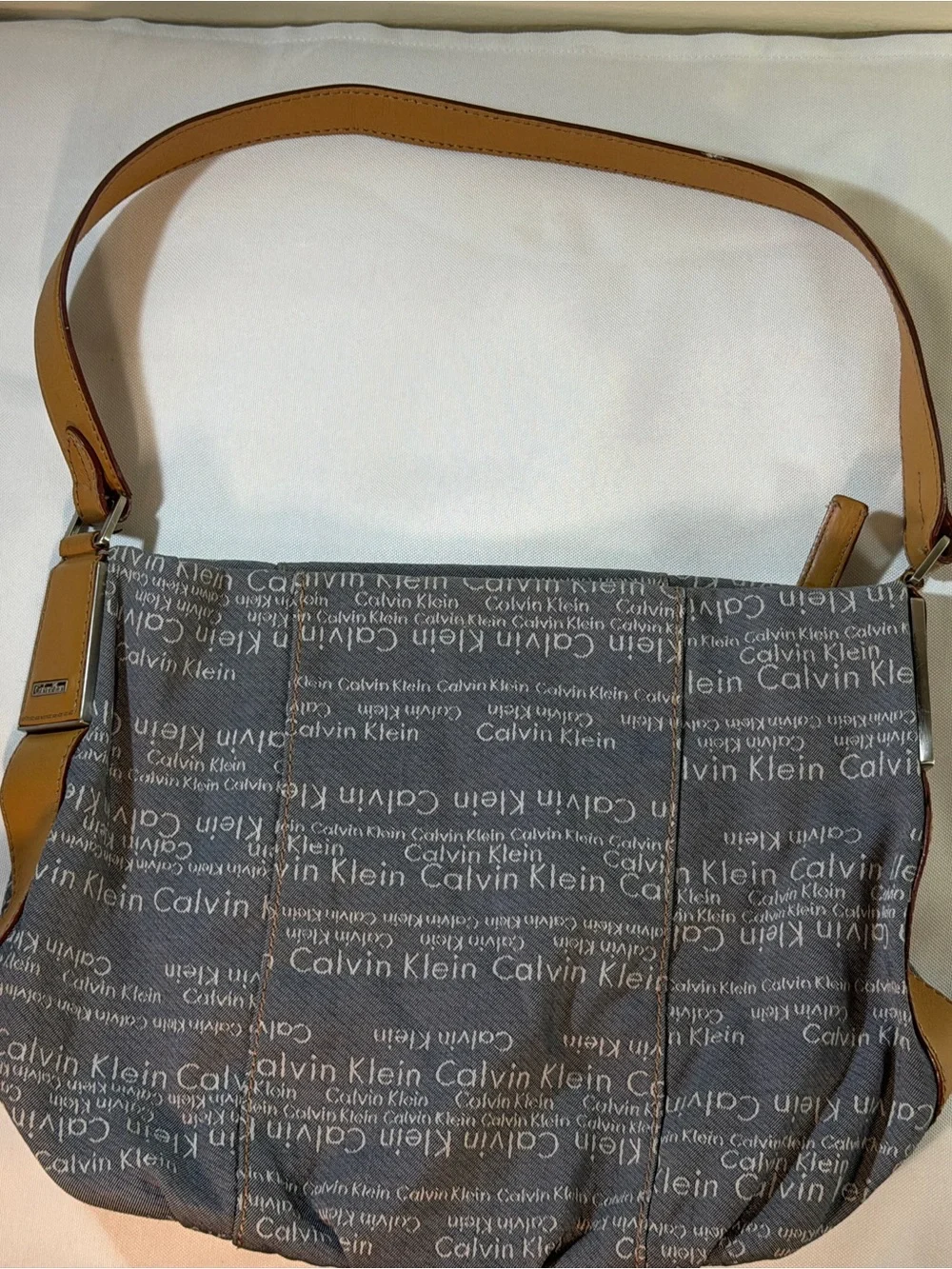 Calvin Klein Gray Logo Messenger Bag with Tan Strap
